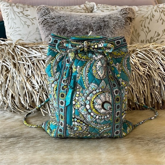 Vera Bradley Handbags - VERA BRADLEY Peacock Drawstring Bag Small Backpack Green Blue Paisley 2007 Y2K